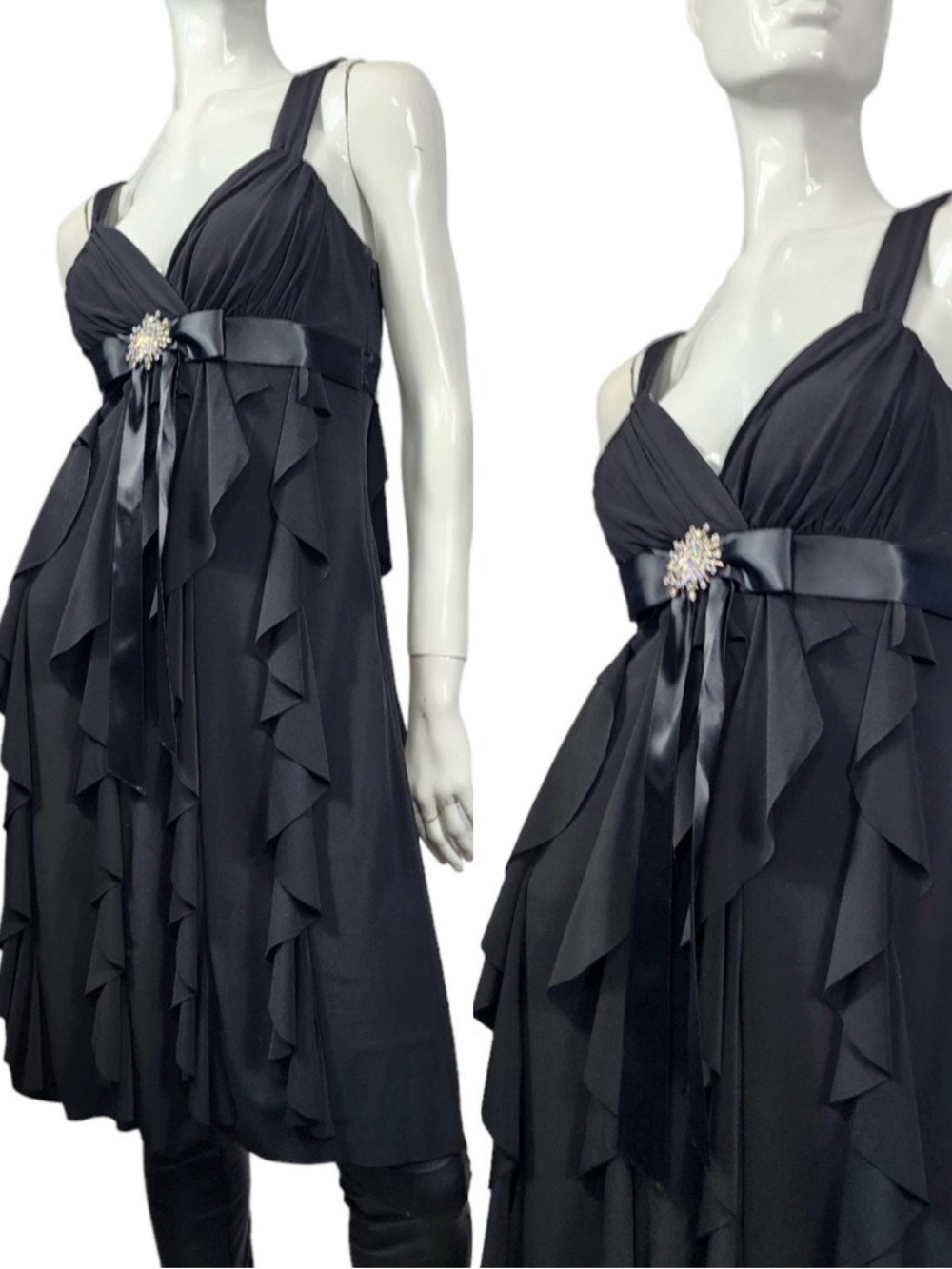 Betsy & Adam Vintage Y2KBlack Ruffled Midi Dress with Satin Waistband and Brooch